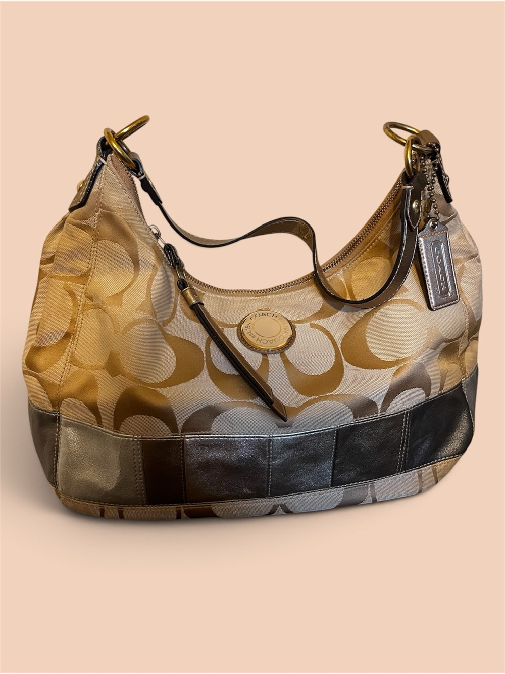 Coach Shoulder Bag in Beige and Brown Signature Canvas
